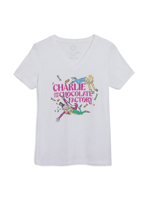 White t-shirt with 'Charlie and the Chocolate Factory' graphic on a white background