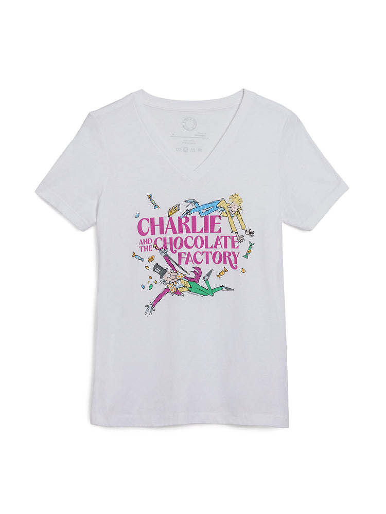 White t-shirt with 'Charlie and the Chocolate Factory' graphic on a white background