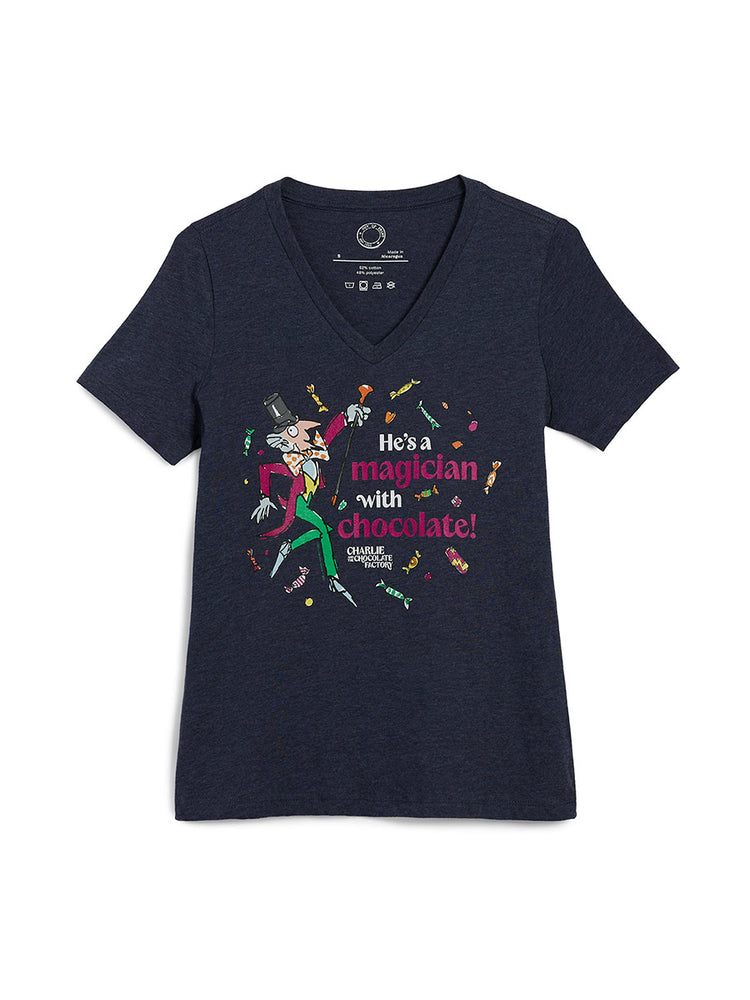 Navy blue t-shirt with a colorful graphic and text on a white background