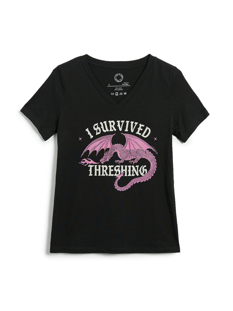 Black t-shirt with pink dragon graphic and text on a white background
