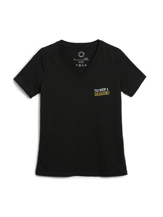Black t-shirt with 'You Want a Dragon?' text on a white background