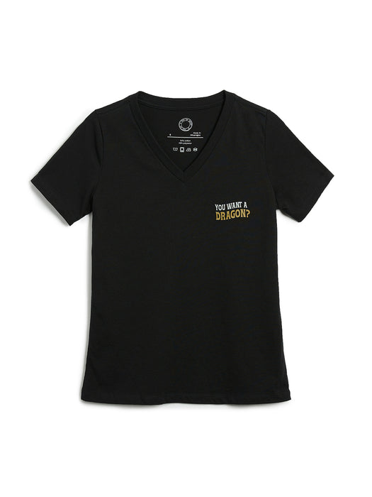 Black t-shirt with 'You Want a Dragon?' text on a white background