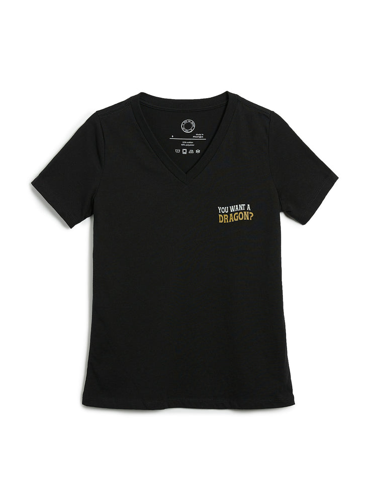 Black t-shirt with 'You Want a Dragon?' text on a white background