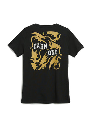 Black t-shirt with gold graphic and text 'Earn One' on a white background