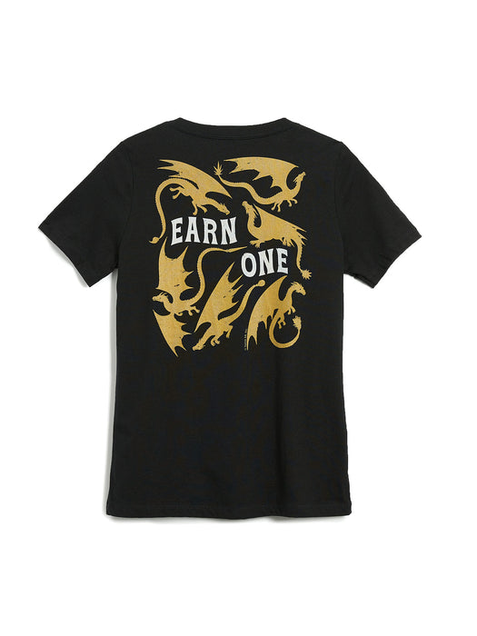 Black t-shirt with gold graphic and text 'Earn One' on a white background