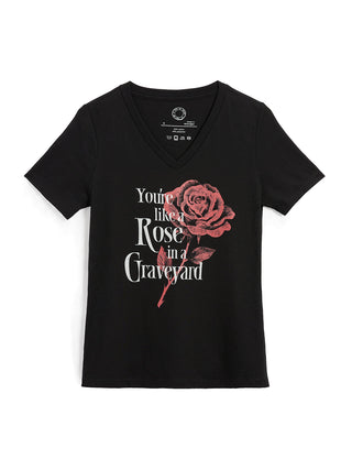 Black V-neck t-shirt with a red rose graphic and text on a white background