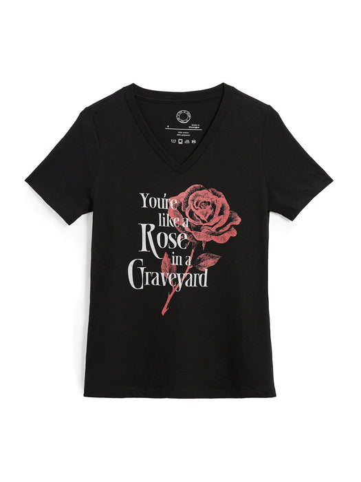 Black V-neck t-shirt with a red rose graphic and text on a white background