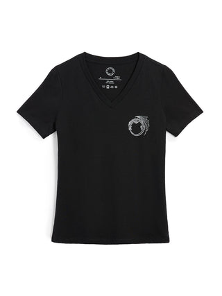 Black t-shirt with a small white logo on a white background