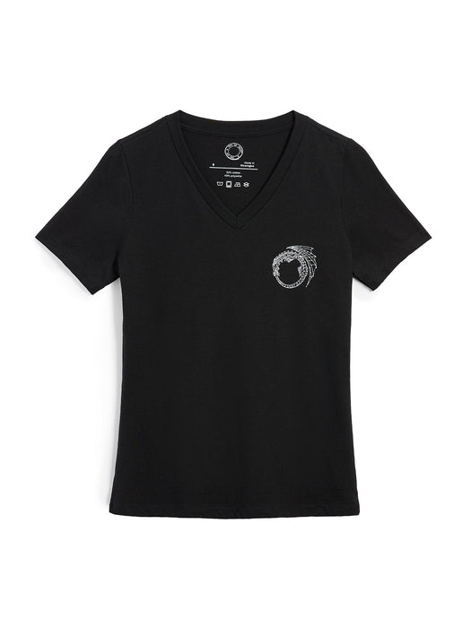 Black t-shirt with a small white logo on a white background