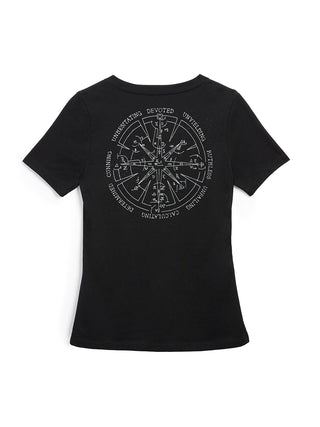 Black t-shirt with white graphic design on a white background