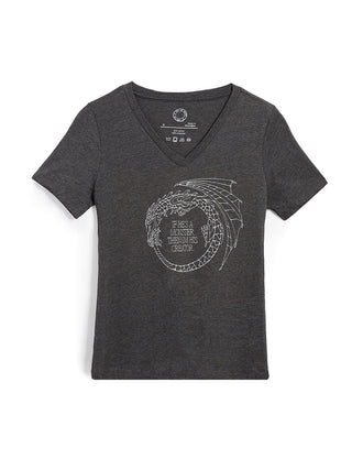 Dark gray t-shirt with white graphic design on a white background