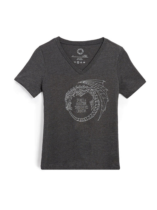 Dark gray t-shirt with white graphic design on a white background