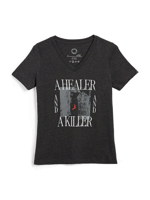 Black t-shirt with graphic design and text on a white background