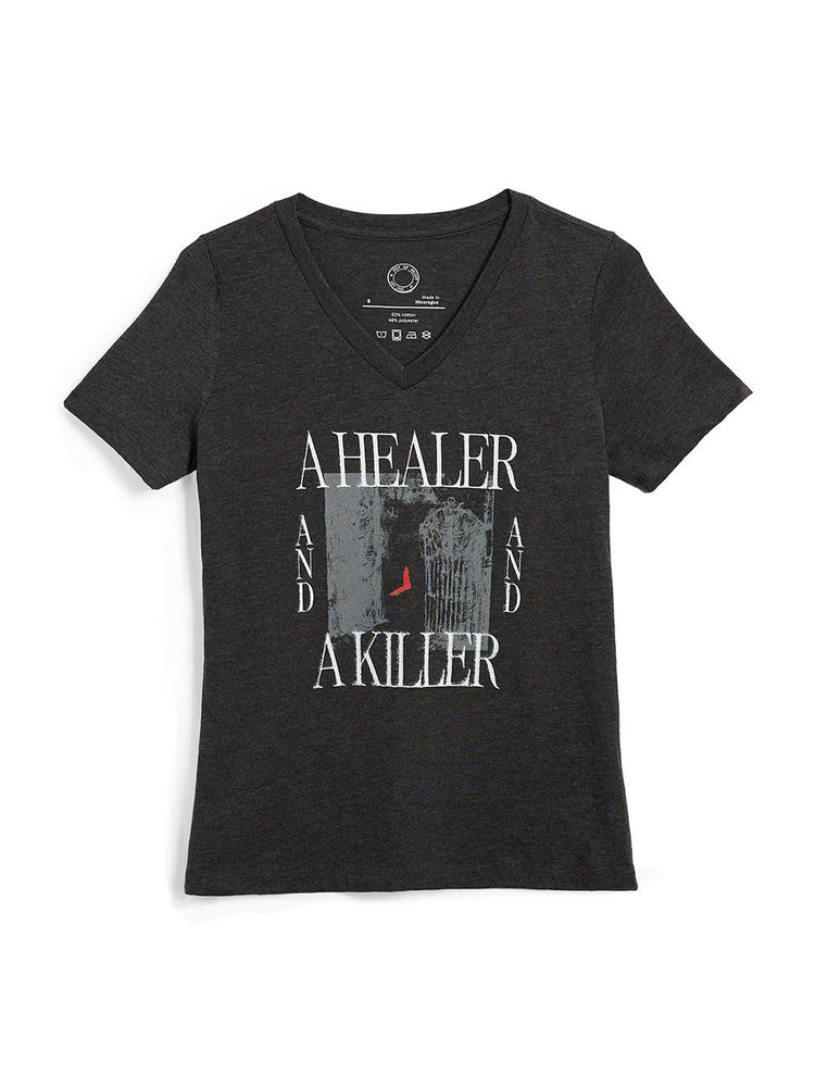 Black t-shirt with graphic design and text on a white background