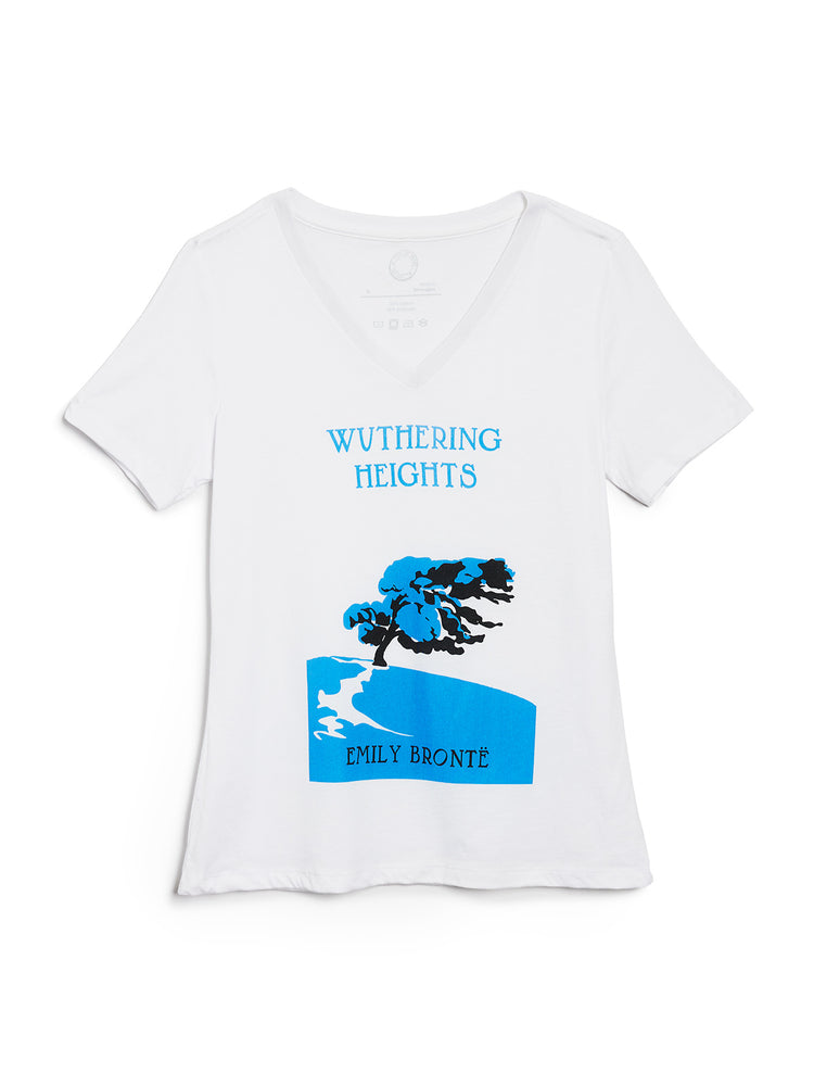 White t-shirt with blue graphic and text 'Wuthering Heights' on a white background