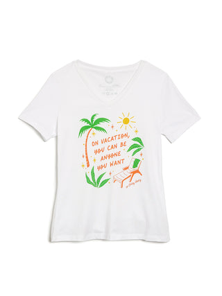 White t-shirt with tropical graphic and text on a white background