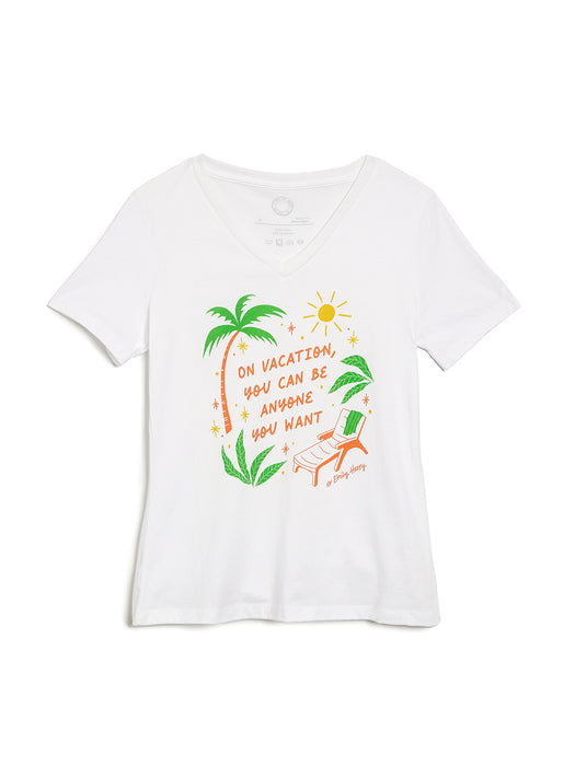 White t-shirt with tropical graphic and text on a white background