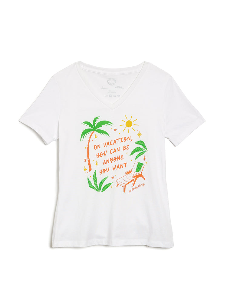 White t-shirt with tropical graphic and text on a white background