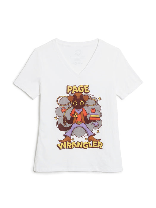 White t-shirt with a cartoon character and 'Page Wrangler' text on a white background