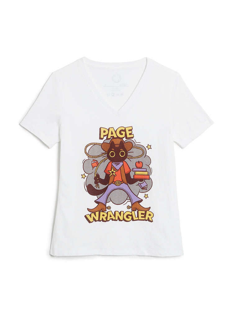 White t-shirt with a cartoon character and 'Page Wrangler' text on a white background