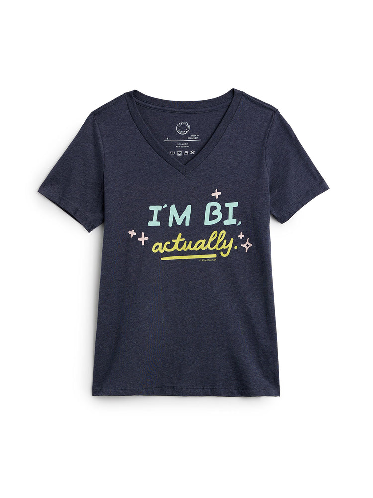 Navy blue t-shirt with 'I'm Bi Actually' text on a white background