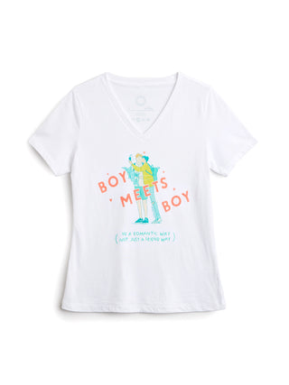 White t-shirt with graphic design and text on a white background