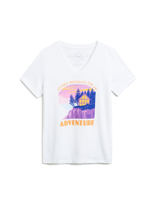 White t-shirt with a graphic of a cabin and trees on a white background