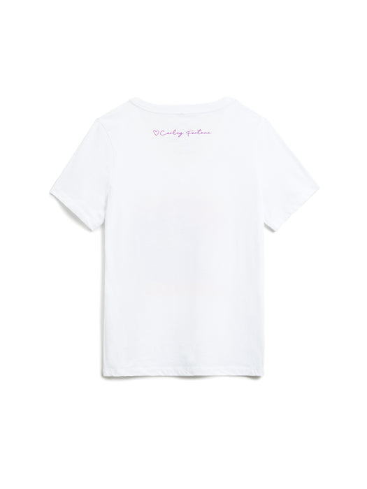 White t-shirt with pink text on a white background