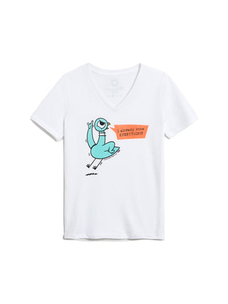 White t-shirt with a cartoon pigeon design and text on a white background