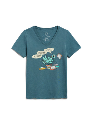 Blue t-shirt with graphic design on a white background