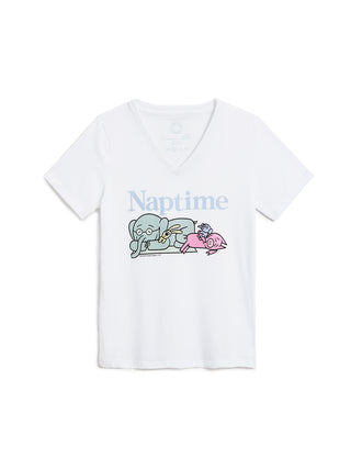 White t-shirt with cartoon characters and 'Naptime' text on a white background