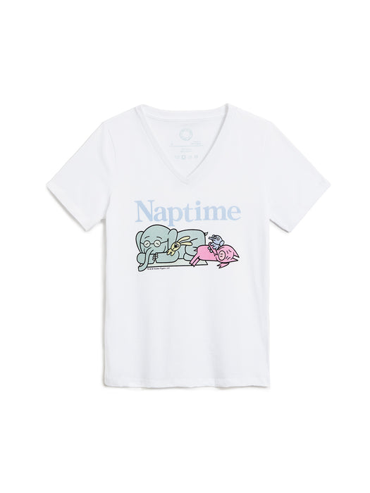 White t-shirt with cartoon characters and 'Naptime' text on a white background