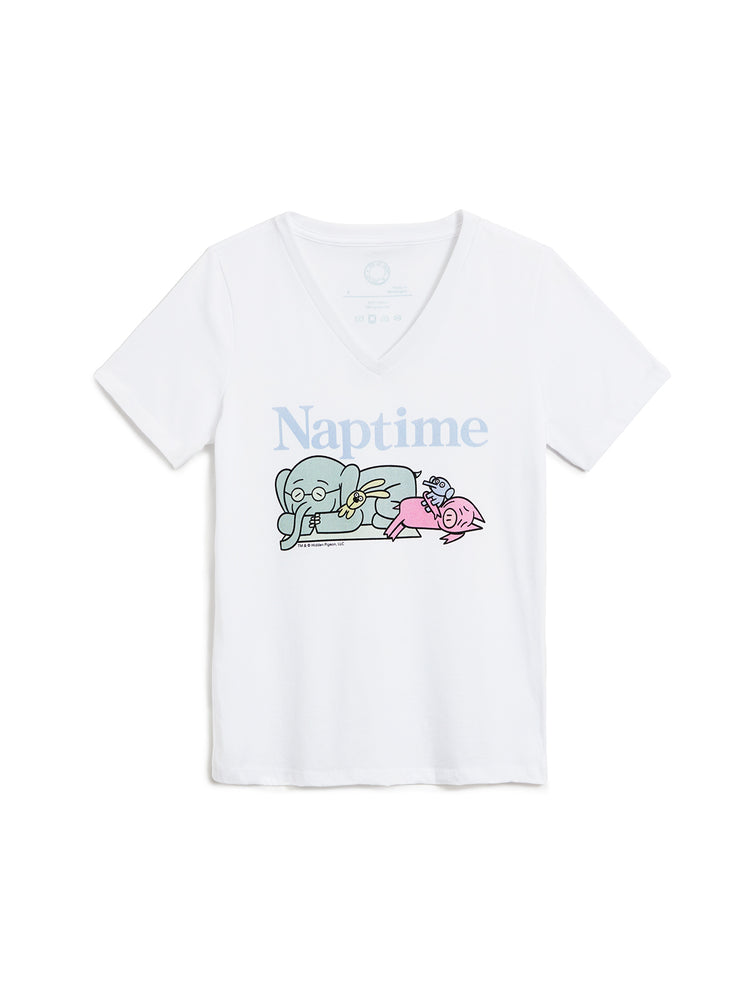 White t-shirt with cartoon characters and 'Naptime' text on a white background