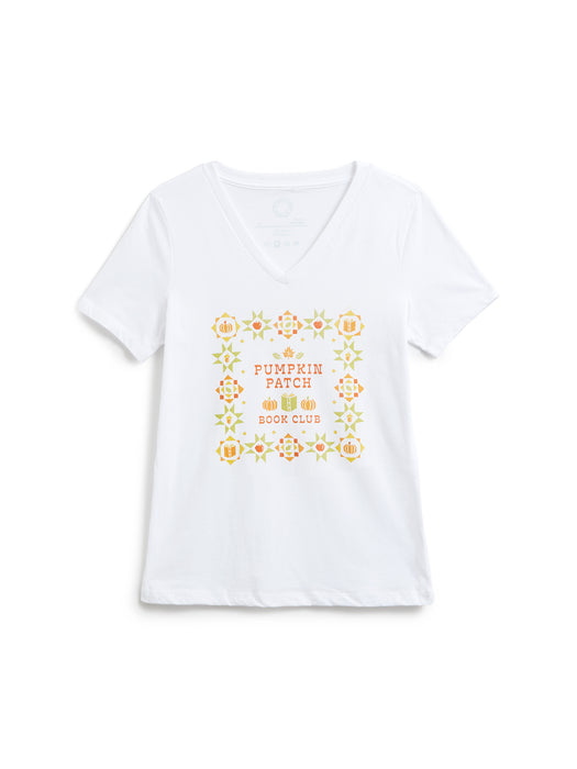 A white short-sleeve V-neck t-shirt with a colorful graphic on the front featuring autumn-themed illustrations and the text 'Pumpkin Patch Book Club'.
