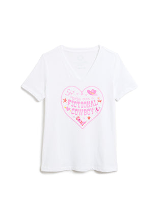 A white short-sleeve V-neck t-shirt with a pink heart graphic on the front that reads 'crying over a fictional cowboy', displayed against a plain white background.