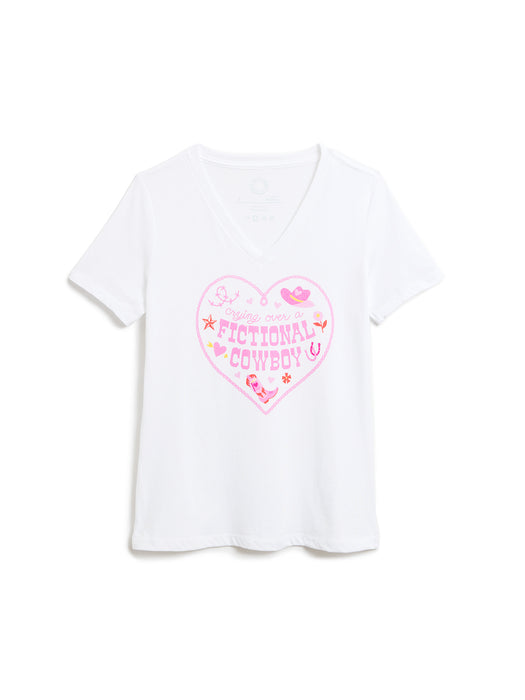 A white short-sleeve V-neck t-shirt with a pink heart graphic on the front that reads 'crying over a fictional cowboy', displayed against a plain white background.