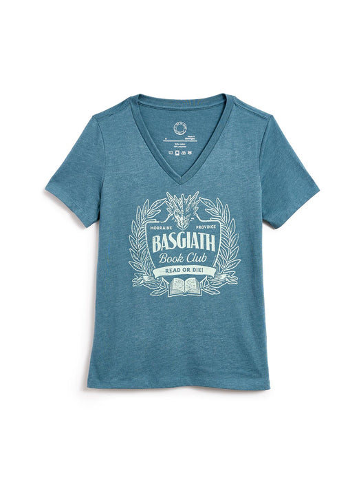 A heathered blue V-neck t-shirt featuring a white graphic print on the front that reads 'BASGIATH Book Club' with an illustration of a dragon and book.