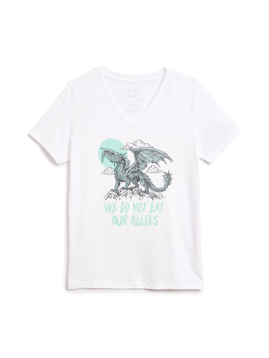 A white short-sleeve V-neck t-shirt featuring a graphic of a dragon with a teal sun and the text 'WE DO NOT EAT OUR ALLIES' printed in teal, displayed against a solid white background.
