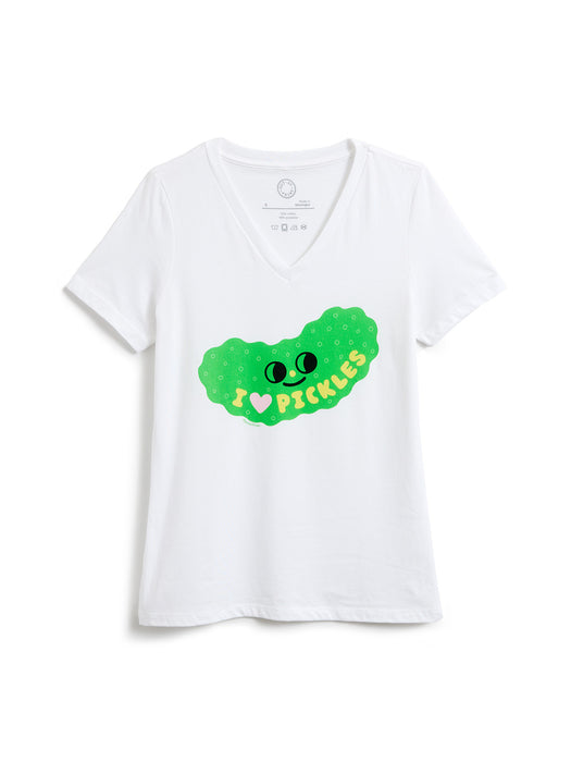 A white short-sleeve v-neck t-shirt featuring a green pickle graphic on the front with the text 'I <heart> PICKLES' in yellow and pink.