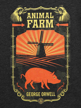 A graphic print on a dark heather gray t-shirt featuring a vintage-style illustration for 'Animal Farm' by George Orwell. The design includes a golden-yellow border, a red-orange sunburst with a black windmill, a red-orange pig, and a black-and-gold rooster at the top.