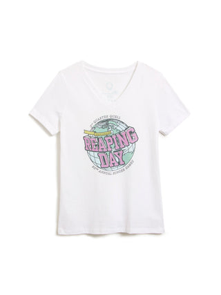 A white short-sleeve V-neck graphic t-shirt featuring a retro circular design with the words 'Reaping Day' in pink and a globe graphic, displayed on a clean white background.