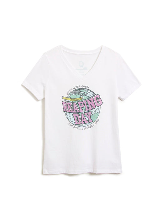 A white short-sleeve V-neck graphic t-shirt featuring a retro circular design with the words 'Reaping Day' in pink and a globe graphic, displayed on a clean white background.