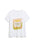 A white short-sleeve V-neck t-shirt featuring a colorful graphic print on the front with the words 'Hunger Games' surrounded by flowers and leaves.