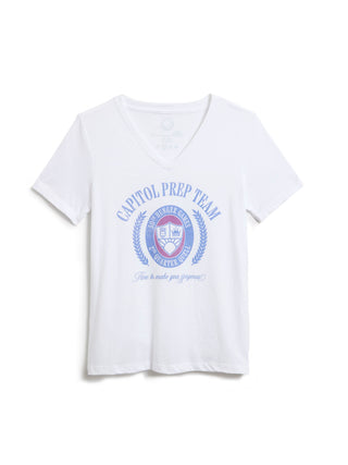 A white short-sleeve V-neck t-shirt featuring a light blue and purple graphic on the front that reads 'CAPITOL PREP TEAM' around a crest emblem, displayed on a clean white background.