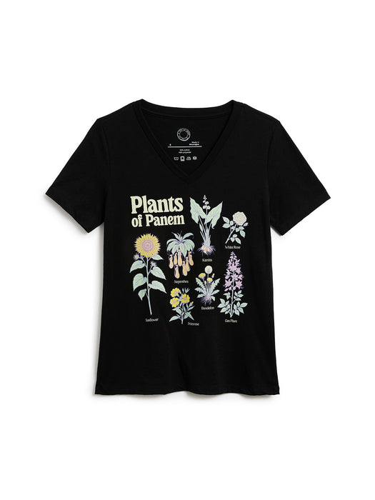 A black short-sleeve V-neck T-shirt with a graphic print of various illustrated plants and the text 'Plants of Panem' on the front, displayed against a solid white background.