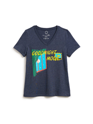 A women's heather navy blue V-neck t-shirt featuring a colorful graphic print on the front with the text 'GOODNIGHT MOON' and a stylized night scene.
