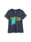A women's heather navy blue V-neck t-shirt featuring a colorful graphic print on the front with the text 'GOODNIGHT MOON' and a stylized night scene.