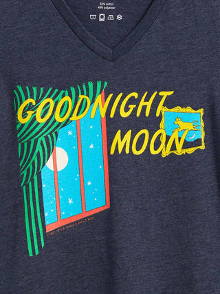 Close-up of a navy heather V-neck t-shirt featuring a colorful graphic print with the words 'GOODNIGHT MOON' in yellow, a blue night window scene with green curtains, and a yellow moon silhouette.