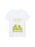 A white short-sleeve V-neck t-shirt featuring a graphic print of the classic 'Frog and Toad Are Friends' book cover, including the title in yellow text and an illustration of the characters on a green grassy field.