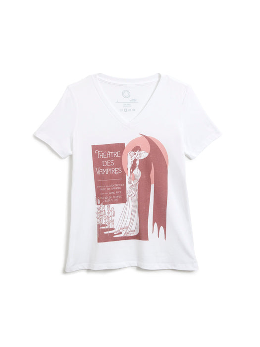 A white short-sleeve v-neck t-shirt featuring a vintage-style art print of a vampire in a long black cape with a large pink-red circular backdrop behind it, kissing a woman in a white gown, with a poster reading 'THEATRE DES VAMPIRES'.